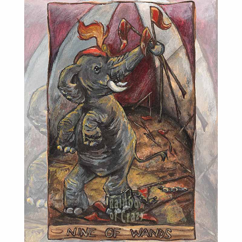 an art print of the nine of wands tarot card, from the aimism tarot: an circus elephant breaks free from its chains, holding up several circus flags, seeking freedom.