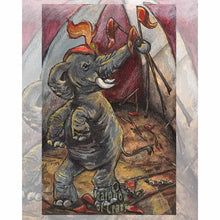 Load image into Gallery viewer, an art print of the nine of wands tarot card, from the aimism tarot: an circus elephant breaks free from its chains, holding up several circus flags, seeking freedom.
