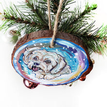 Load image into Gallery viewer, A wood ornament with artwork of a white Havanese dog in front of a snowy background
