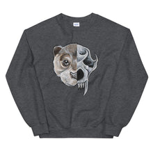 Load image into Gallery viewer, A unisex sweatshirt in the colour dark heather grey, printed with a graphic split into two: the left side features the face of an otter, and the right side features an evil looking otter skull.
