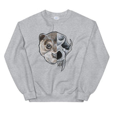 Load image into Gallery viewer,  A unisex sweatshirt in the colour sport grey, printed with art split into two: the left side features the face of an otter, and the right side features an evil looking otter skull.
