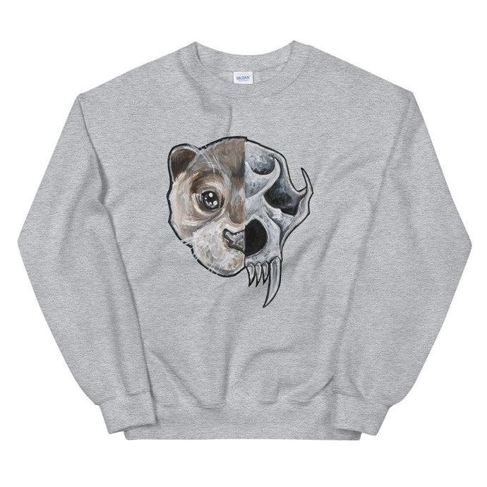  A unisex sweatshirt in the colour sport grey, printed with art split into two: the left side features the face of an otter, and the right side features an evil looking otter skull.