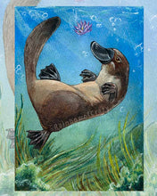 Load image into Gallery viewer, an art print of the page of cups tarot card, from the animism tarot deck: a platypus swims in the ocean, playing with a purple lotus flower, with seaweed swaying below
