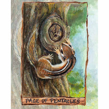 Load image into Gallery viewer, an art print of the page of pentacles, from the animism tarot: a chipmunk circles a knot of a tree - the pentacle
