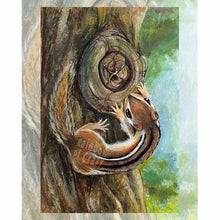 Load image into Gallery viewer, an art print of the page of pentacles, from the animism tarot: a chipmunk circles a knot of a tree - the pentacle
