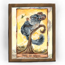 Load image into Gallery viewer,  This art print features the Page of Wands tarot card from the Animism Tarot. A cute chinchilla stands on a curved tree, reaching a paw out to a leaf floating by.
