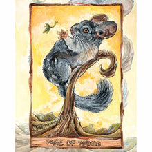 Load image into Gallery viewer, This art print features the Page of Wands tarot card from the Animism Tarot. A cute chinchilla stands on a curved tree, reaching a paw out to a leaf floating by.
