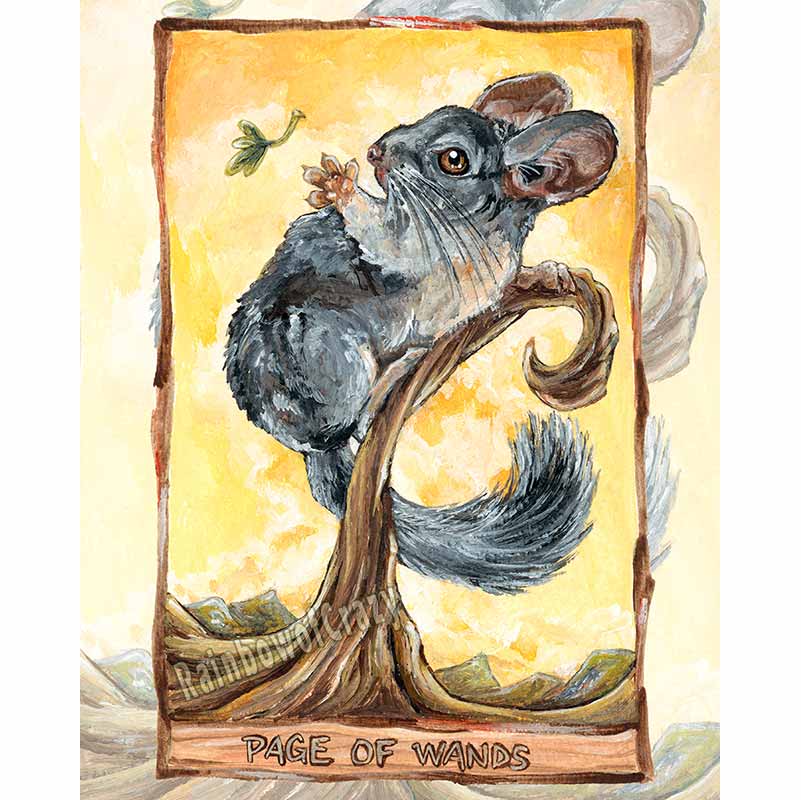 This art print features the Page of Wands tarot card from the Animism Tarot. A cute chinchilla stands on a curved tree, reaching a paw out to a leaf floating by.