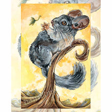 Load image into Gallery viewer, This art print features the Page of Wands tarot card from the Animism Tarot. A cute chinchilla stands on a curved tree, reaching a paw out to a leaf floating by.
