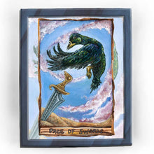 Load image into Gallery viewer, An art print if the Page of Swords card, from the Animism Tarot. A green cayuga duck starts to take flight as purple clouds swirl around it. A single sword stands upright in the corner.
