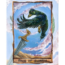 Load image into Gallery viewer, An art print if the Page of Swords card, from the Animism Tarot. A green cayuga duck starts to take flight as purple clouds swirl around it. A single sword stands upright in the corner.

