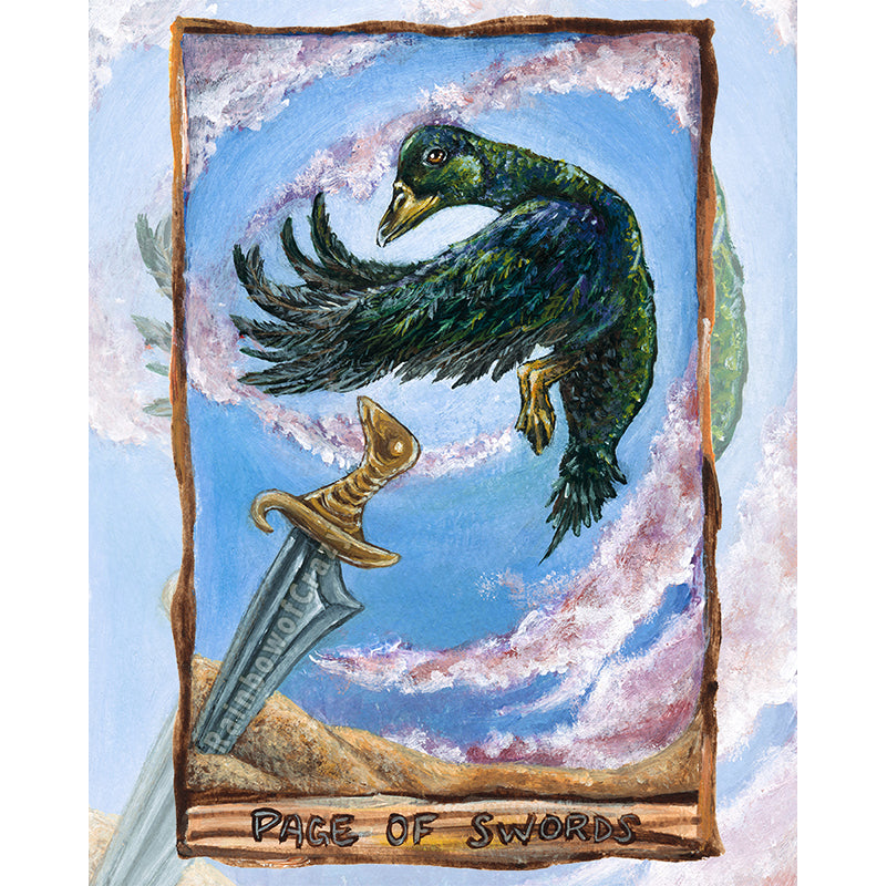 An art print if the Page of Swords card, from the Animism Tarot. A green cayuga duck starts to take flight as purple clouds swirl around it. A single sword stands upright in the corner.