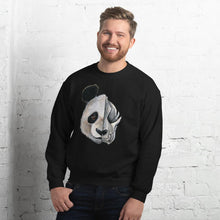 Load image into Gallery viewer, A man wears a unisex sweatshirt in the colour black, printed with art of a split image: the left side features an panda&#39;s face, and the right side features an evil looking panda skull.
