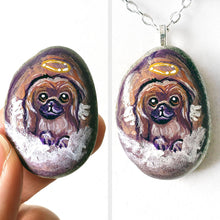 Load image into Gallery viewer, A portrait painting of a Pekingese dog as an angel with wings, painted on a small rock, available as a keepsake or pendant necklace
