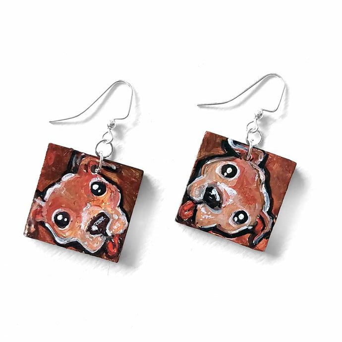 square wood earrings, hand painted with brown pitbull dog faces with tongues sticking out