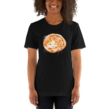Load image into Gallery viewer, A woman wears a Pizza Cat Unisex Premium T-Shirt in the colour heather black, which features an illustration of a Turkish Van cat as a Hawaiian pizza with pineapple and ham.
