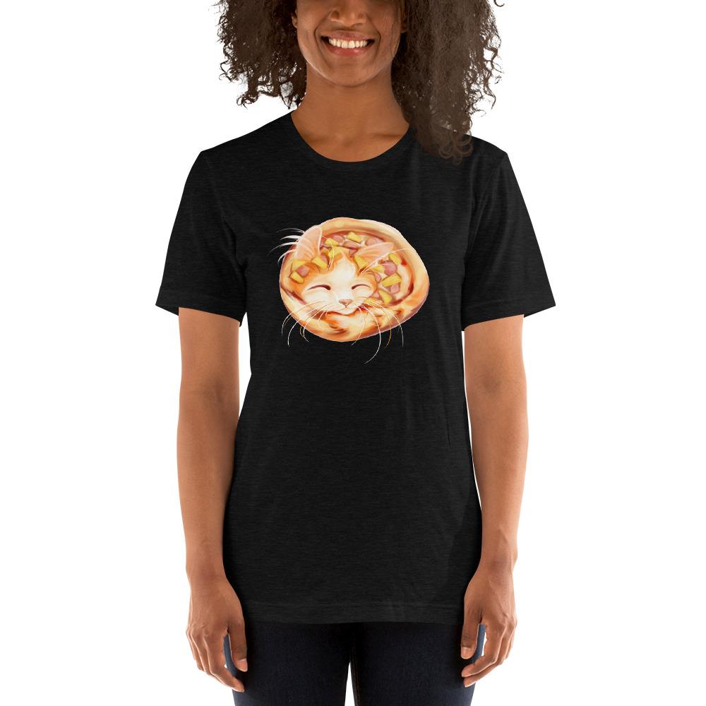 A woman wears a Pizza Cat Unisex Premium T-Shirt in the colour heather black, which features an illustration of a Turkish Van cat as a Hawaiian pizza with pineapple and ham.