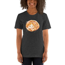Load image into Gallery viewer, A woman wears a Pizza Cat Unisex Premium T-Shirt in the colour heather grey, which features an illustration of a Turkish Van cat as a Hawaiian pizza with pineapple and ham.
