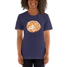 Load image into Gallery viewer, A woman wears a Pizza Cat Unisex Premium T-Shirt in the colour heather navy blue, which features a print of a Turkish Van cat as a Hawaiian pizza with pineapple and ham.
