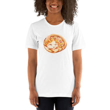 Load image into Gallery viewer, A woman wears a Pizza Cat Unisex Premium T-Shirt in the colour white, which features art of a Turkish Van cat as a Hawaiian pizza with pineapple and ham.
