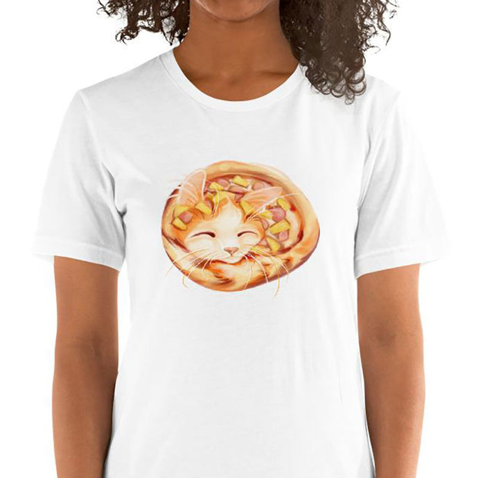 A woman wears a Pizza Cat Unisex Premium T-Shirt in the colour white, which features art of a Turkish Van cat as a Hawaiian pizza with pineapple and ham.
