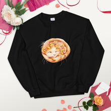 Load image into Gallery viewer, A unisex sweatshirt in the colour black, printed with artwork of an orange cat as a pineapple pizza, topped with pineapple and ham.
