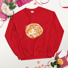Load image into Gallery viewer, A unisex sweatshirt in the colour red, printed with art of an orange cat as a pineapple pizza, topped with pineapple and ham.
