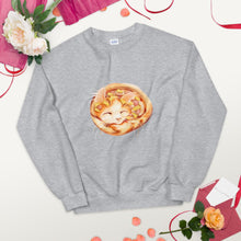Load image into Gallery viewer, A unisex sweatshirt in the colour sport grey, printed with an illustration of an orange cat as a pineapple pizza, topped with pineapple and ham.
