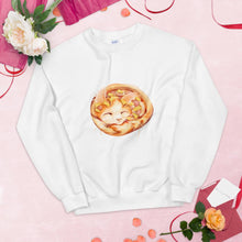 Load image into Gallery viewer, A unisex sweatshirt in the colour white, printed with an illustration of an orange cat as a pineapple pizza, topped with pineapple and ham.

