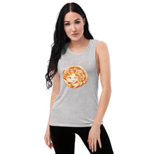 Load image into Gallery viewer, A woman wears a muscle tank top in the colour athletic heather grey, printed with an illustration of an orange Turkish Van cat as a pizza, topped with pineapple and ham.
