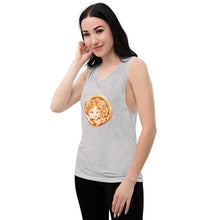 Load image into Gallery viewer, A woman wears a muscle tank top in the colour athletic heather grey, printed with an illustration of an orange Turkish Van cat as a pizza, topped with pineapple and ham.
