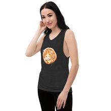 Load image into Gallery viewer, A woman wears a muscle tank top in the colour black heather, printed with art of an orange Turkish Van cat as a pizza, topped with pineapple and ham.
