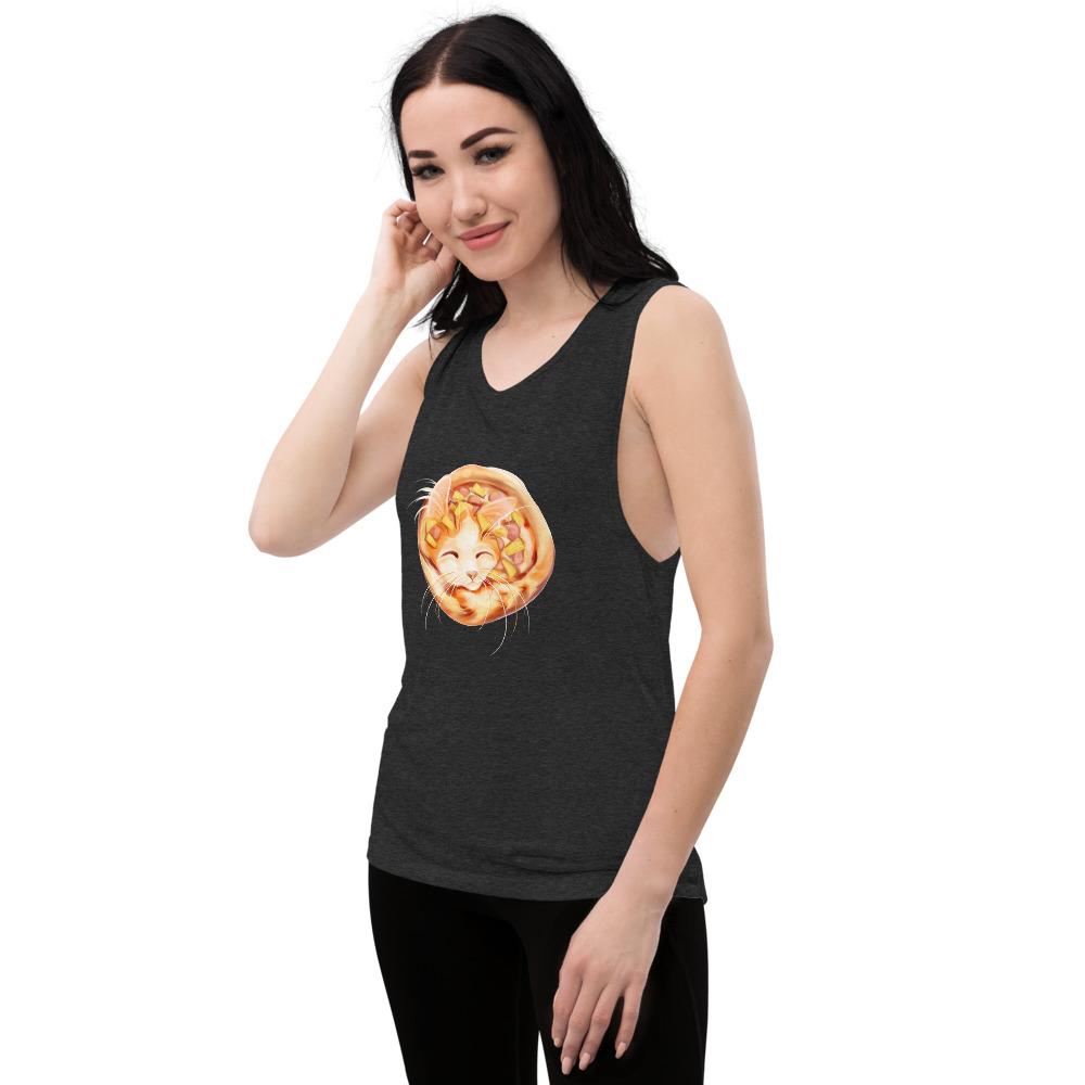 A woman wears a muscle tank top in the colour black heather, printed with art of an orange Turkish Van cat as a pizza, topped with pineapple and ham.