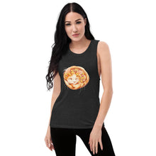 Load image into Gallery viewer, A woman wears a muscle tank top in the colour black heather, printed with art of an orange Turkish Van cat as a pizza, topped with pineapple and ham.

