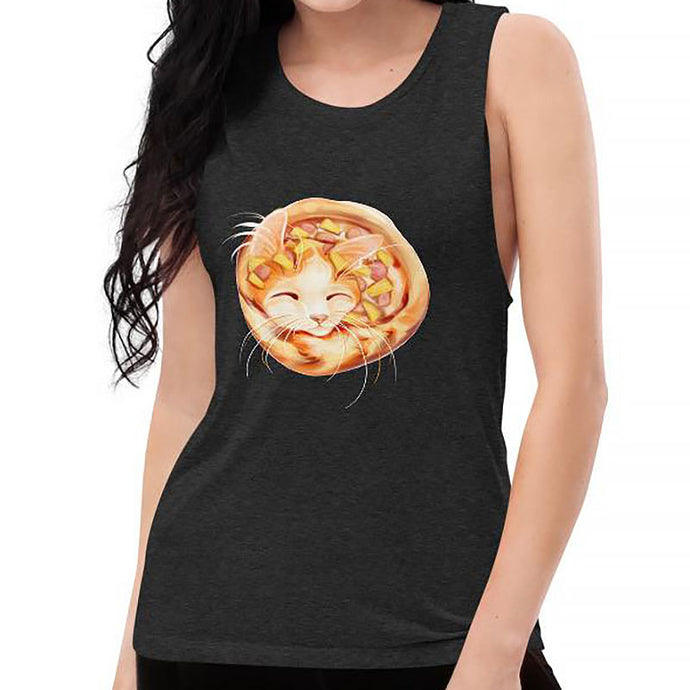 A woman wears a muscle tank top in the colour black heather, printed with art of an orange Turkish Van cat as a pizza, topped with pineapple and ham.