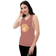 Load image into Gallery viewer, A woman wears a muscle tank top in the colour mauve, printed with artwork of an orange Turkish Van cat as a pizza, topped with pineapple and ham.
