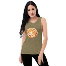 Load image into Gallery viewer, A woman wears a muscle tank top in the colour olive green, printed with art of an orange Turkish Van cat as a pizza, topped with pineapple and ham.
