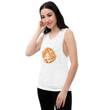 Load image into Gallery viewer, A woman wears a muscle tank top in the colour white, printed with art of an orange Turkish Van cat as a pizza, topped with pineapple and ham.
