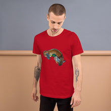 Load image into Gallery viewer, A man is wearing the Platypus Duck Premium T-Shirt in the colour red, which is printed with art of platypus kissing a mallard duck
