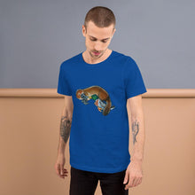 Load image into Gallery viewer, A man is wearing the Platypus Duck Premium T-Shirt in the colour royal blue, which is printed with art of platypus kissing a mallard duck
