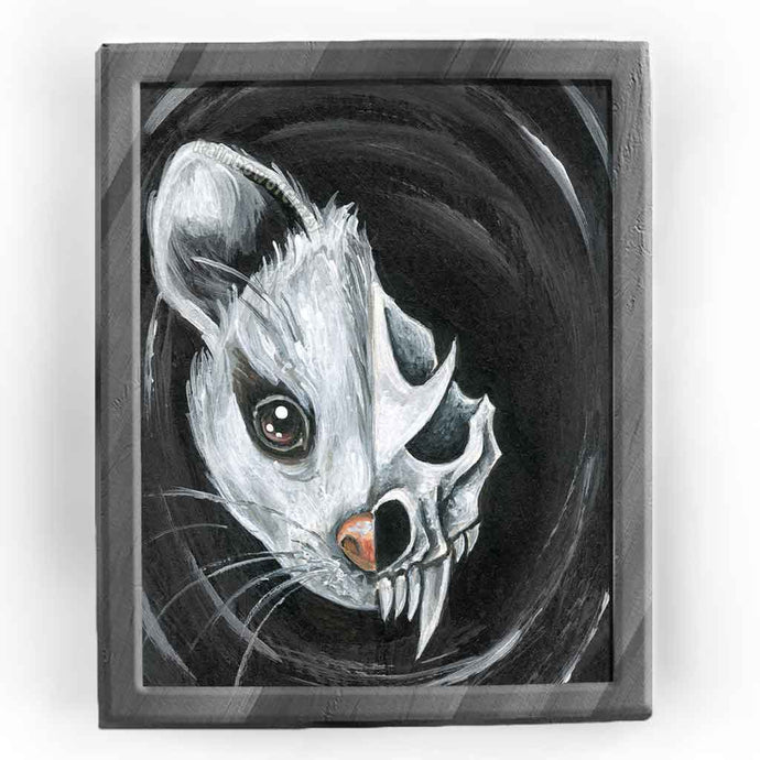 an art print of a possum: the left side shows half of the possum's face, and the right side shows a stylized, dark looking possum skull