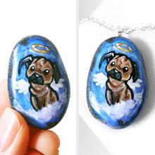 Load image into Gallery viewer, Named &quot;Bug the Pug&quot;, a beach rock is painted with dog art of a pug as an angel, available as either a keepsake gift of pendant necklace
