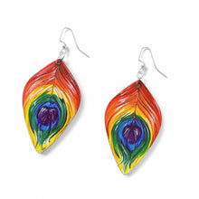 Load image into Gallery viewer, large, leaf shaped, wood fish hook earrings, hand painted with peacock feathers in rainbow colours
