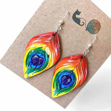 Load image into Gallery viewer, large, leaf shaped, wood fish hook earrings, hand painted with peacock feathers in rainbow colours
