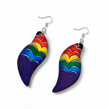 Load image into Gallery viewer, large, long, leaf shaped, wood fish hook earrings, hand painted with a purple heart in front and hearts in rainbow colours rising above
