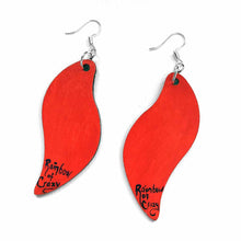 Load image into Gallery viewer, large, long, leaf shaped, wood fish hook earrings, hand painted red on the back, signed with, Rainbow of Crazy
