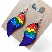 Load image into Gallery viewer, large, long, leaf shaped, wood fish hook earrings, hand painted with a purple heart in front and hearts in rainbow colours rising above
