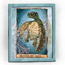 Load image into Gallery viewer,  an art print of the queen of cups tarot card, from the animism tarot: a leatherback sea turtle swims in the ocean, while a purple jellyfish swims below.
