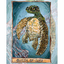 Load image into Gallery viewer, an art print of the queen of cups tarot card, from the animism tarot: a leatherback sea turtle swims in the ocean, while a purple jellyfish swims below.
