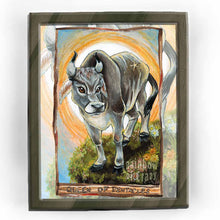 Load image into Gallery viewer, an art print of the queen of pentacles tarot card, from the animism tarot: a Tyrolese grey cow stands on a grassy hill covered with flowers.
